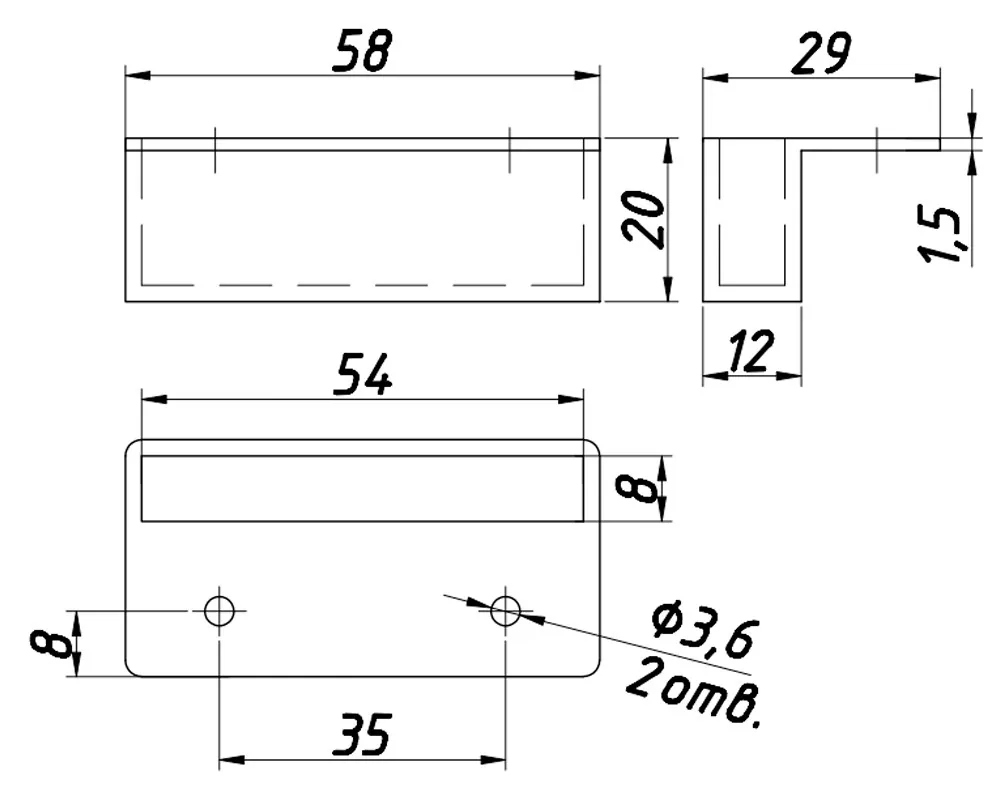 Technical drawing – Slat holder, with hole, L 53 × h 20