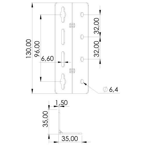 Rysunek techniczny – Kątownik do łóżka, 130 × 35 × 35