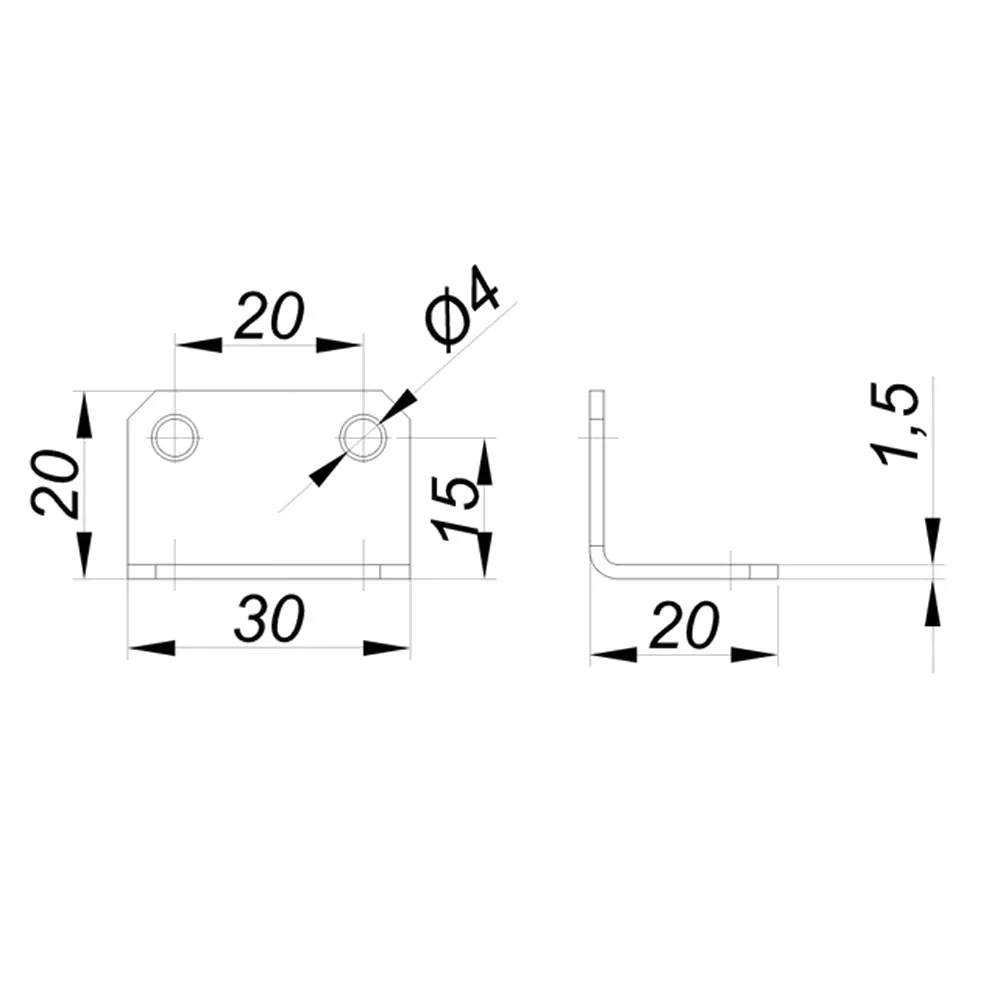 Rysunek techniczny – Kątownik montażowy, 20 × 20 × 30
