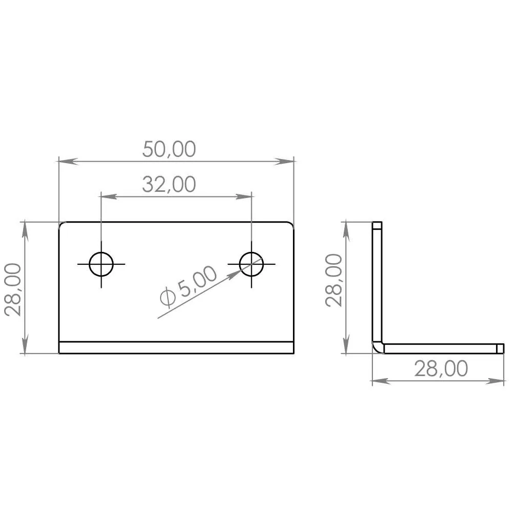 Technical drawing – Mounting angle, 26 × 26 × 50