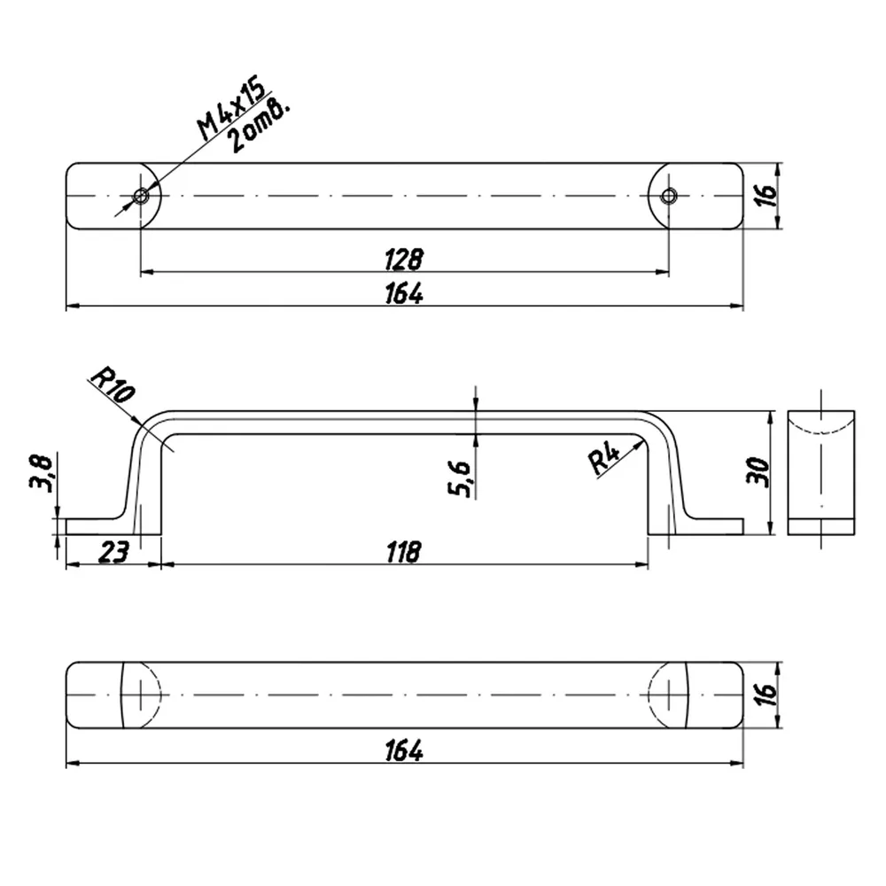 Rysunek techniczny – Uchwyt meblowy metalowy, rozstaw 128 mm