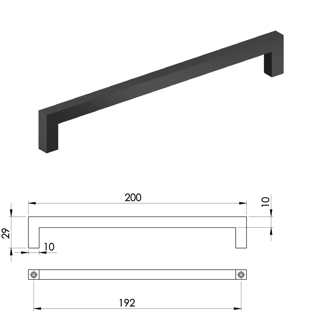 Rysunek techniczny – Uchwyt meblowy metalowy, rozstaw 192 mm