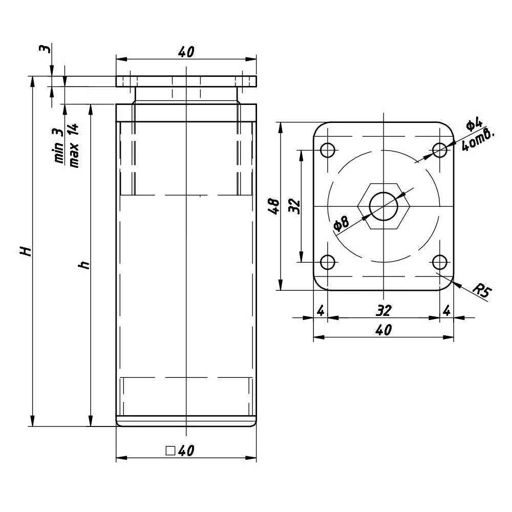 Rysunek techniczny – Noga meblowa aluminiowa, profil 40 × 40