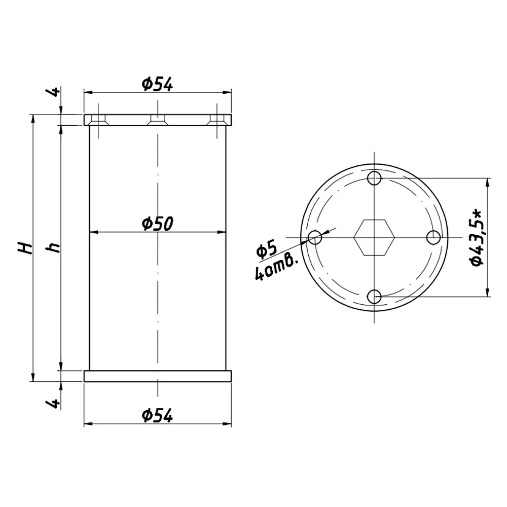 Technical drawing – Aluminium furniture leg, Ø50