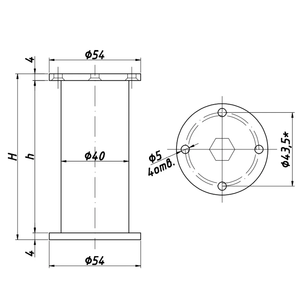 Technical drawing – Aluminium furniture leg, Ø40