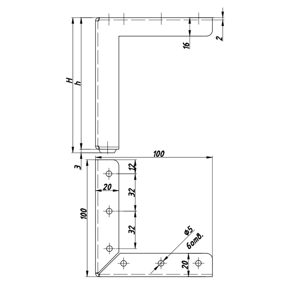 Rysunek techniczny – Noga meblowa metalowa narożna 100 × 100