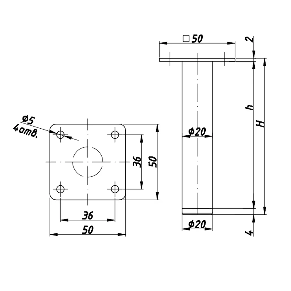 Technical drawing – Metal furniture leg, Ø20