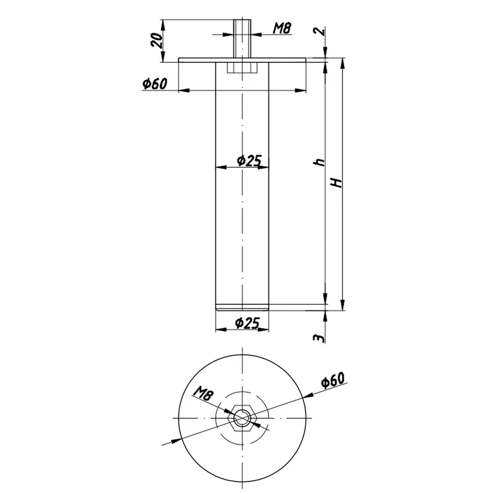 Technical drawing – Metal furniture leg, Ø25