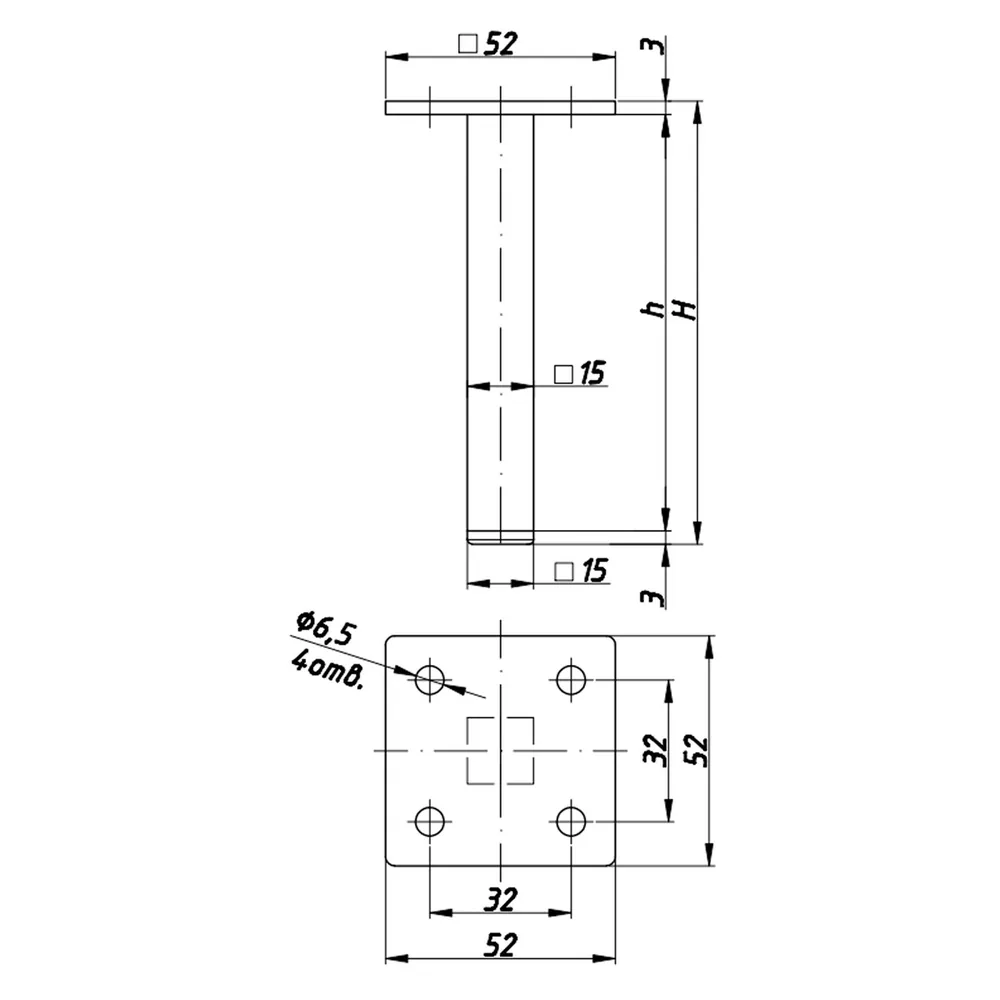 Technical drawing – Metal furniture leg, 15 × 15 profile