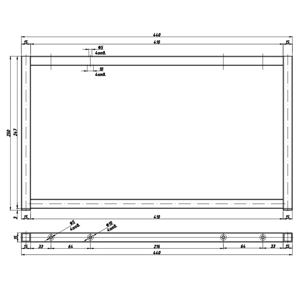 Technical drawing – Metal furniture leg, 15 × 15 profile