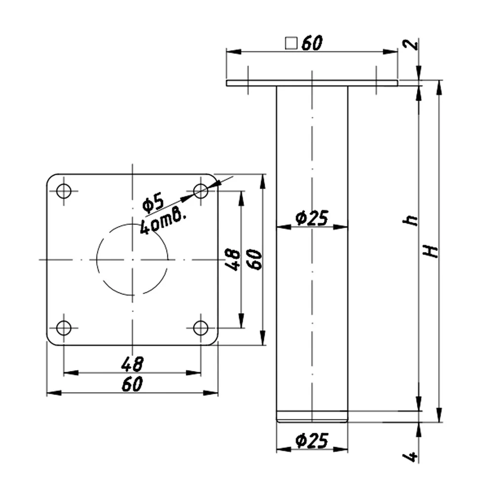 Rysunek techniczny – Noga meblowa metalowa, Ø25