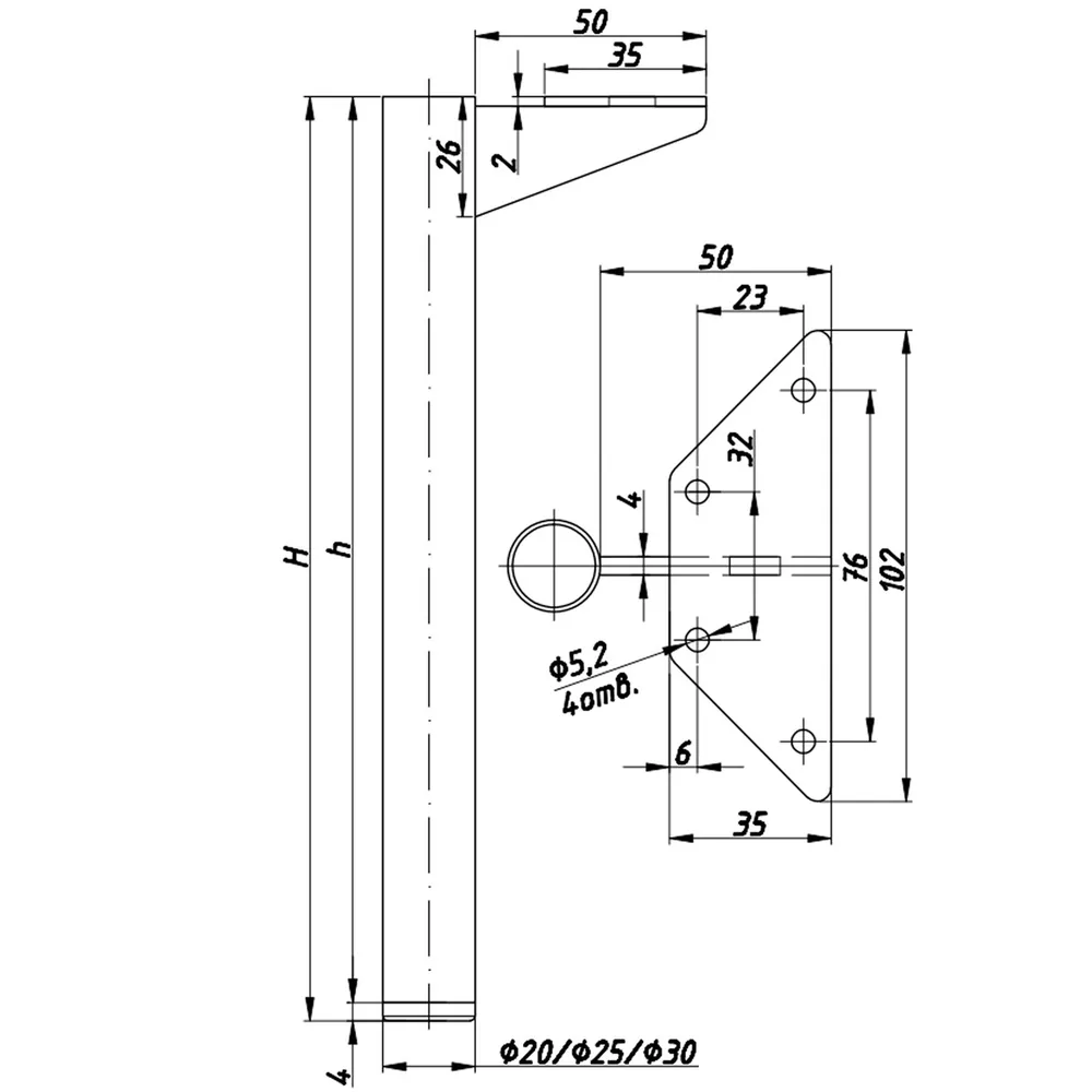 Rysunek techniczny – Noga meblowa metalowa, Ø20
