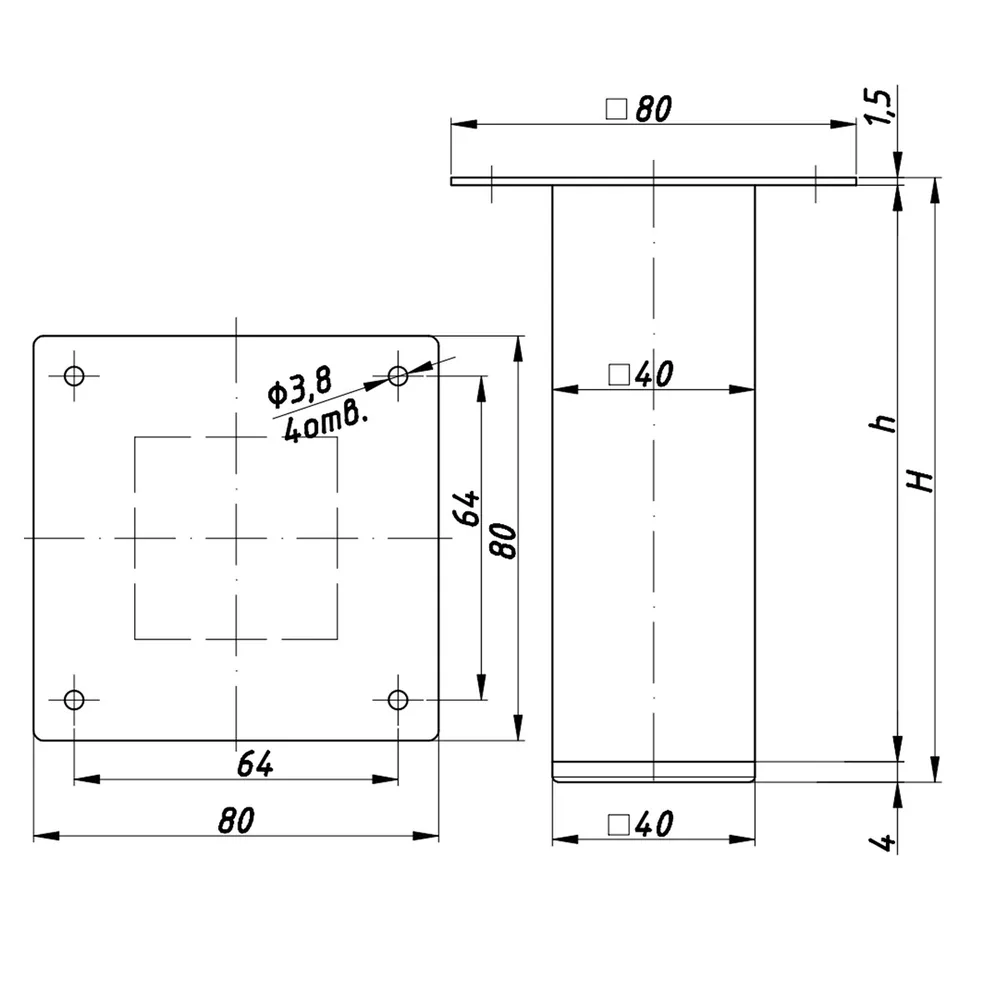 Rysunek techniczny – Noga meblowa metalowa, profil 40 × 40