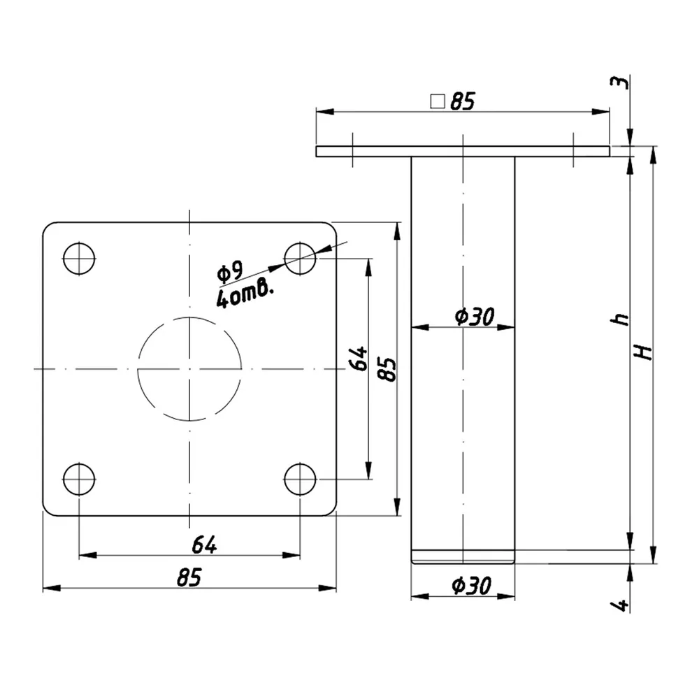 Technical drawing – Metal furniture leg Ø30 with 85 × 85 plate
