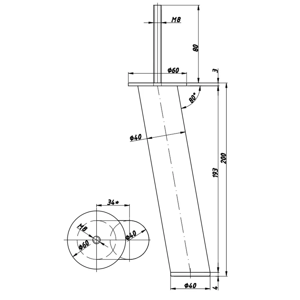 Rysunek techniczny – Noga meblowa metalowa, Ø40