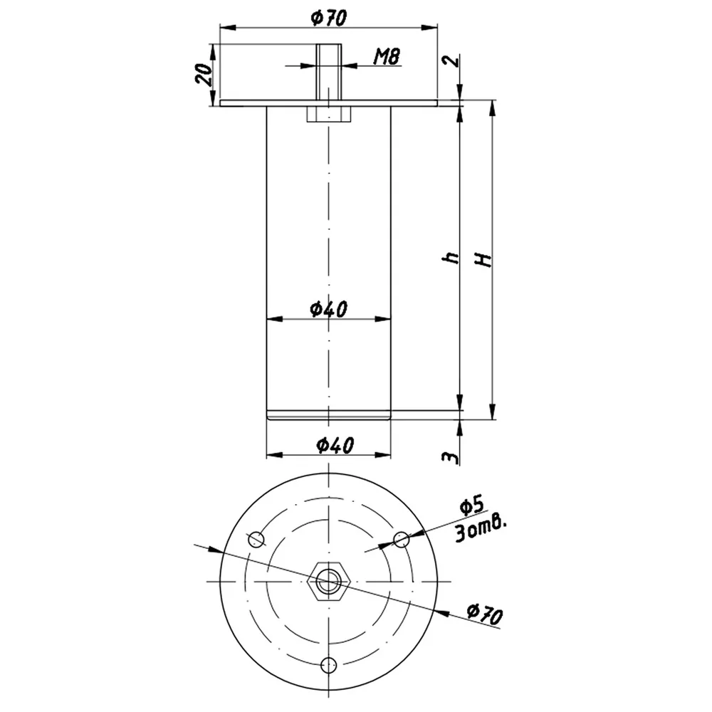 Rysunek techniczny – Noga meblowa metalowa, Ø40
