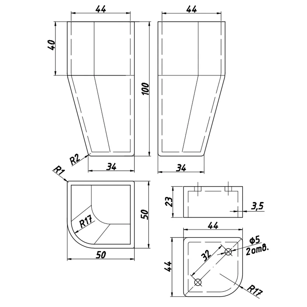 Technical drawing – Plastic furniture leg, 50 × 50, H 100