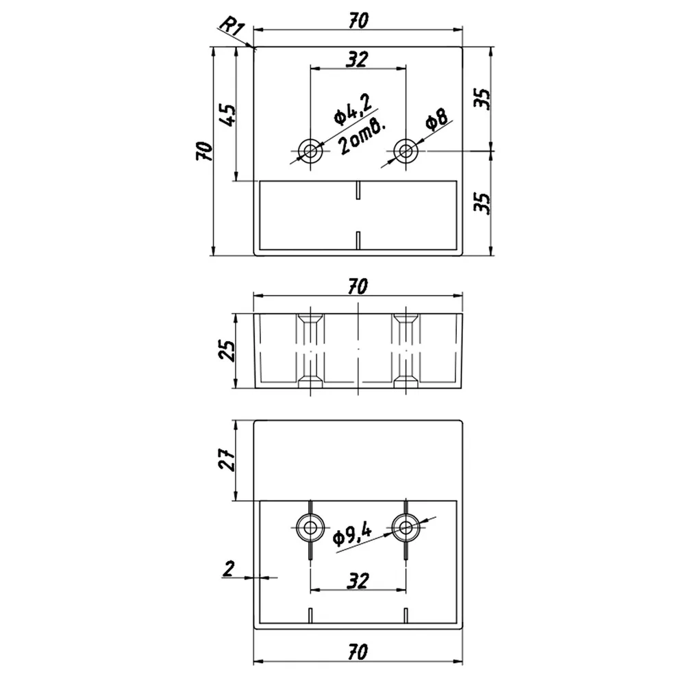 Technical drawing – Plastic furniture leg, 70 × 70 × 25