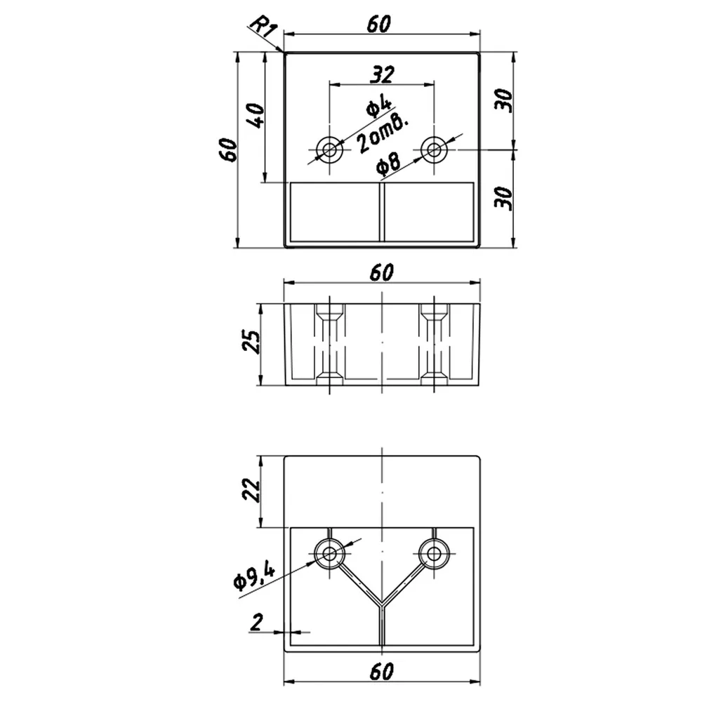 Rysunek techniczny – Noga meblowa z tworzywa, 60 × 60 × 25