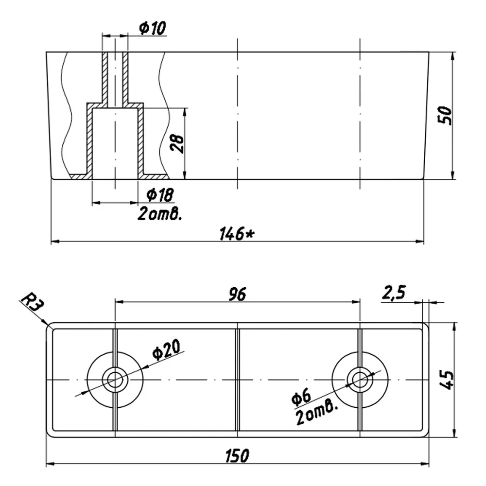 Rysunek techniczny – Noga meblowa z tworzywa, 150 × 45, h 50