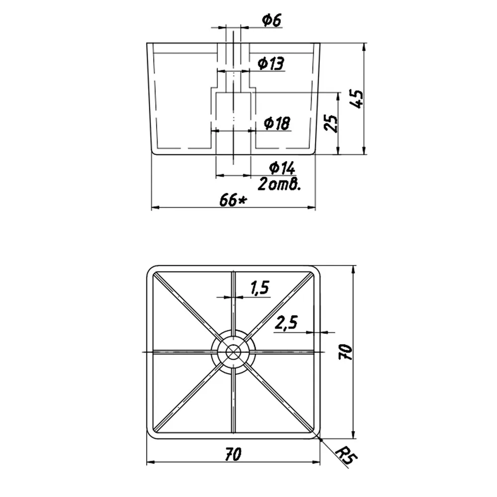 Technical drawing – Plastic furniture leg, 70 × 70, H 45