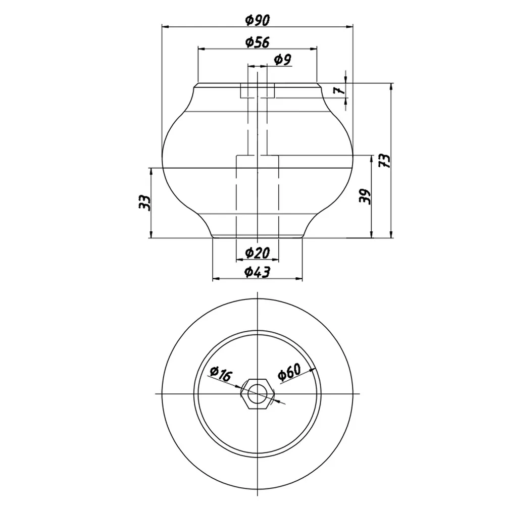 Technical drawing – Plastic furniture leg, H 73, Ø90