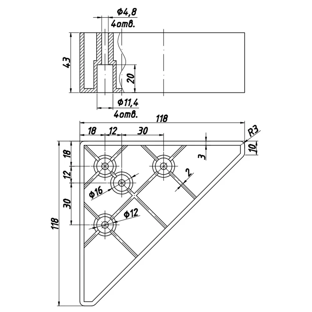 Technical drawing – Plastic furniture leg, 118 × 118, H 43