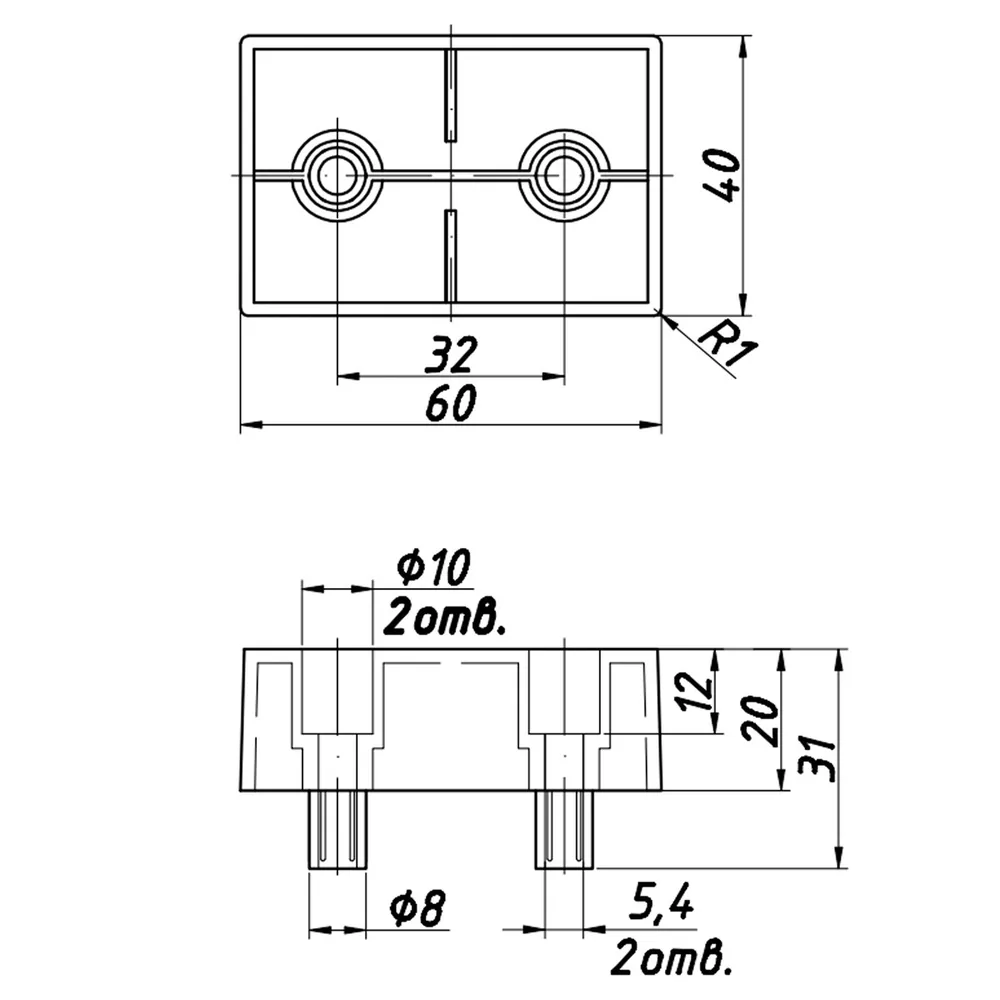 Rysunek techniczny – Noga meblowa z tworzywa, 40 × 60, h 20