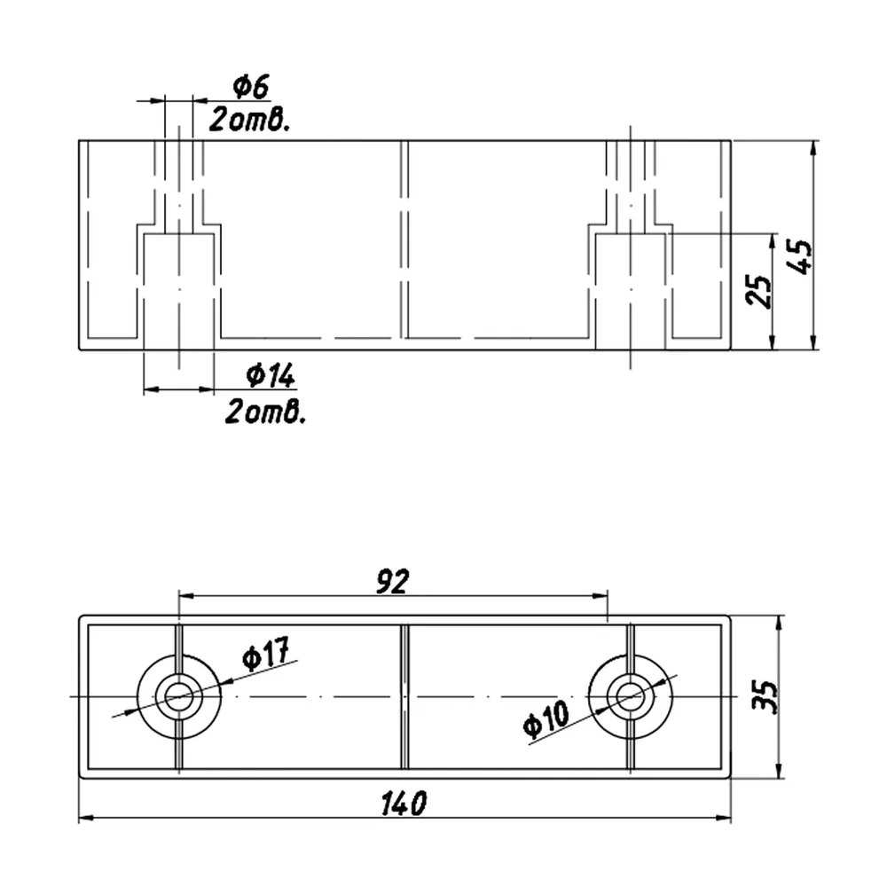 Rysunek techniczny – Noga meblowa z tworzywa, 140 × 35, h 45