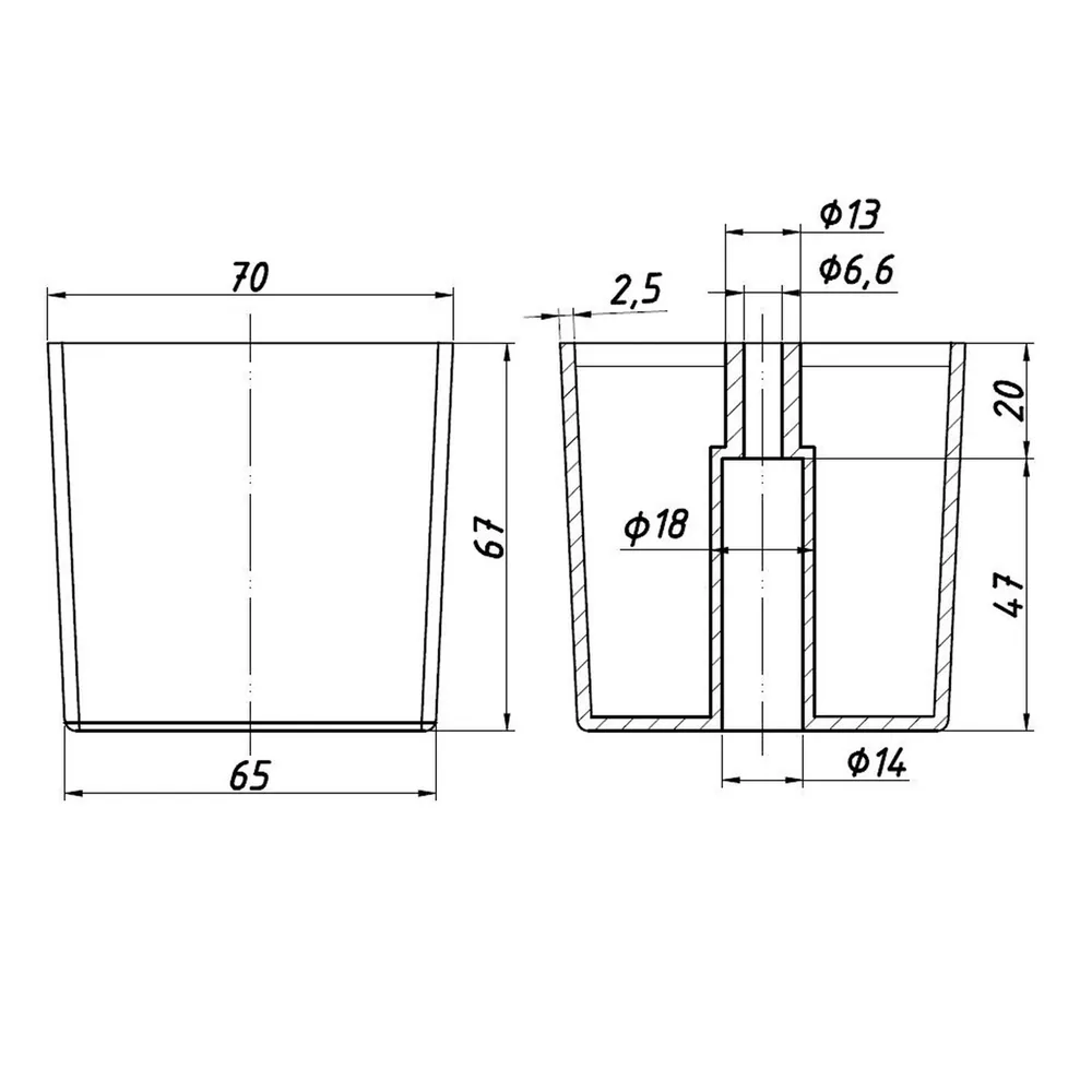 Rysunek techniczny – Noga meblowa z tworzywa, 70 × 70, h 67