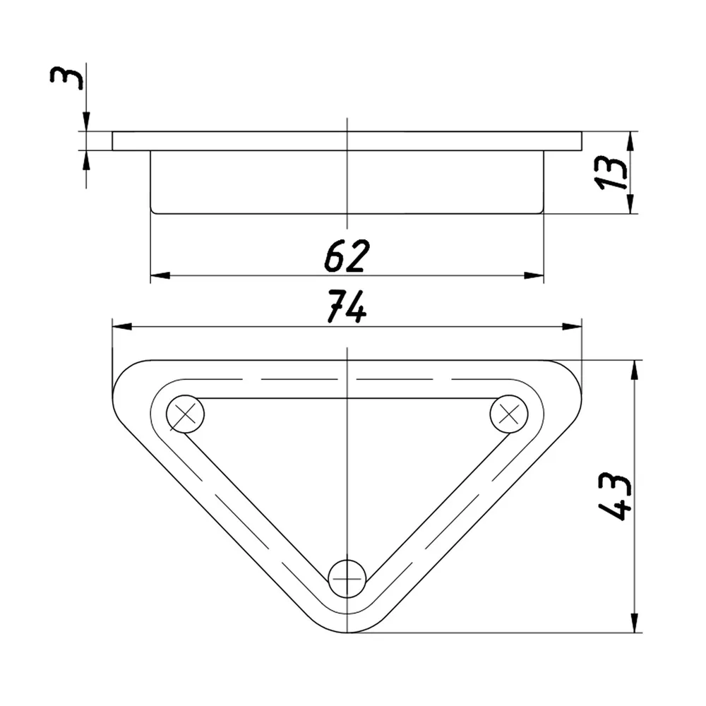 Technical drawing – Plastic furniture foot, triangular, without nails, 74 × 43, H 13