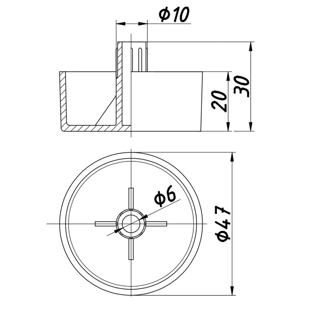 Technical drawing – Plastic furniture foot, Ø48, H 20