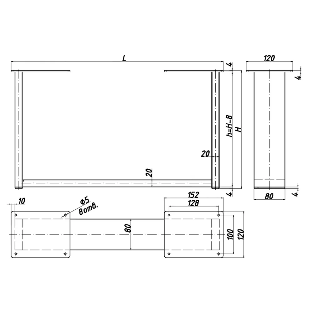 Rysunek techniczny – Noga do stołu, profil 20 × 80